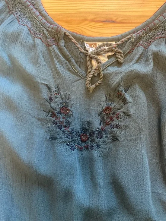 Soho Village Wear Vintage Embroidered Boho Peasant Blouse Forest Green Size S - Picture 5 of 11
